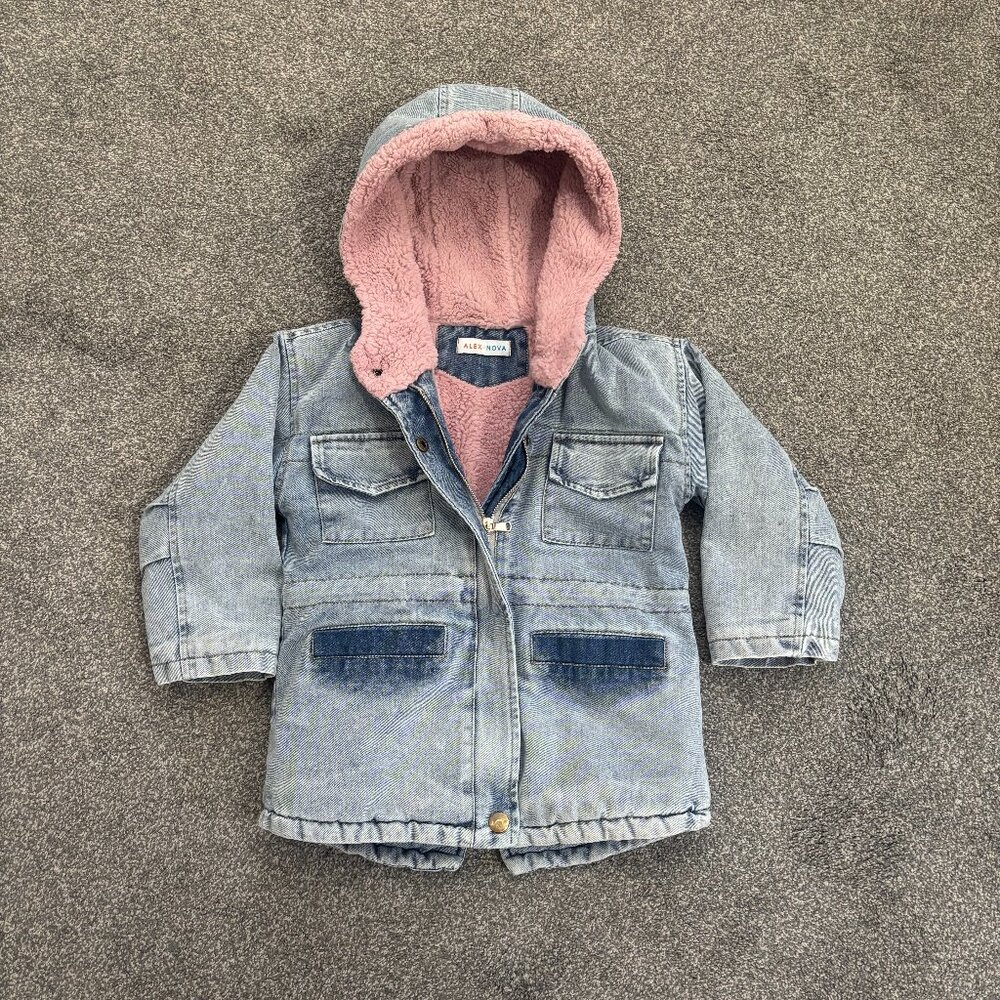 Alex + Nova light blue denim hooded coat with pink fur